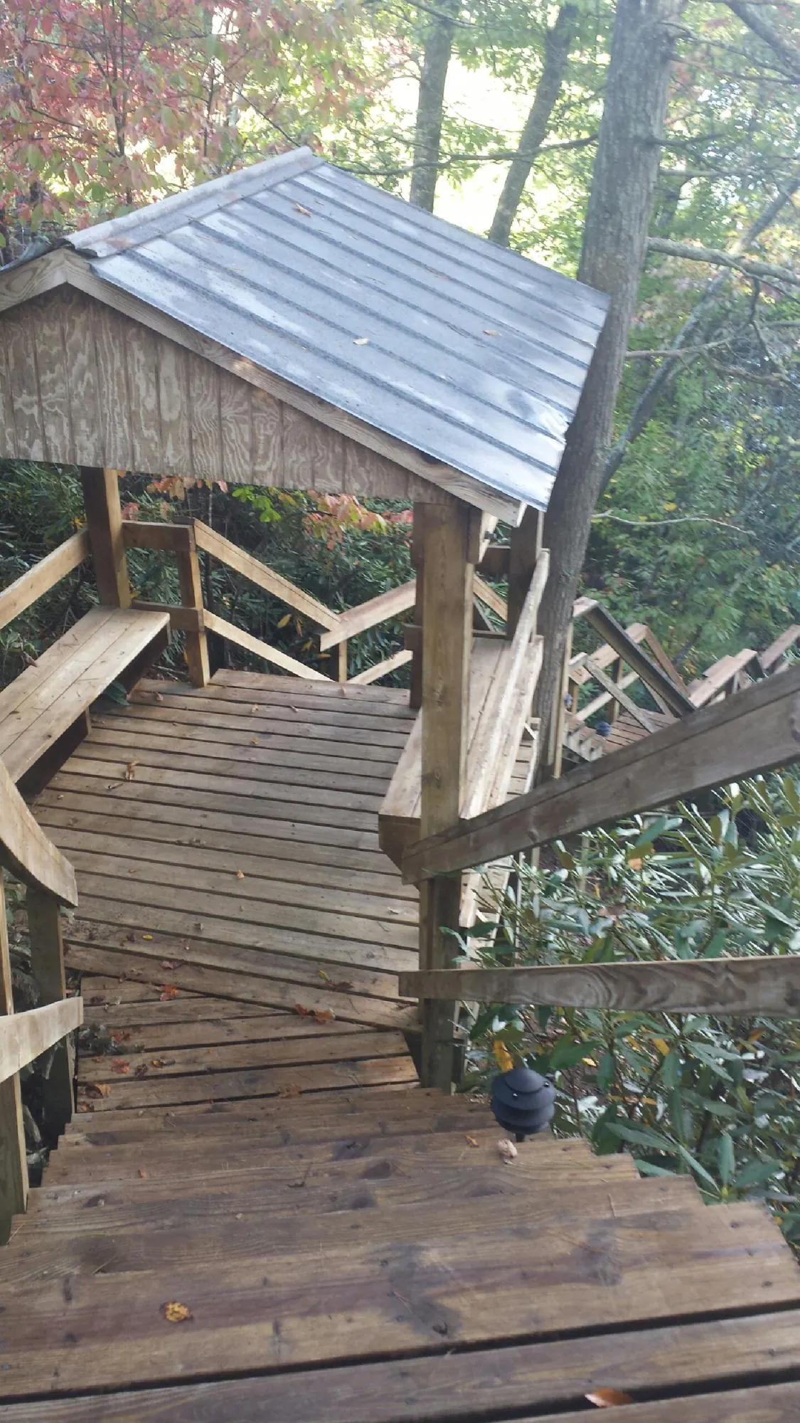 Metal roofed shelter over wooden steps on a wooded walkway — Skylight Repair & Installation work by our crew in Wells Tannery
